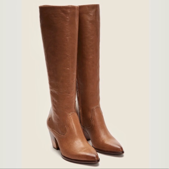 $458 RARE Frye Reed Chevron Heel Cognac Leather Tall Knee High Winter/Fall Boots - Picture 2 of 16